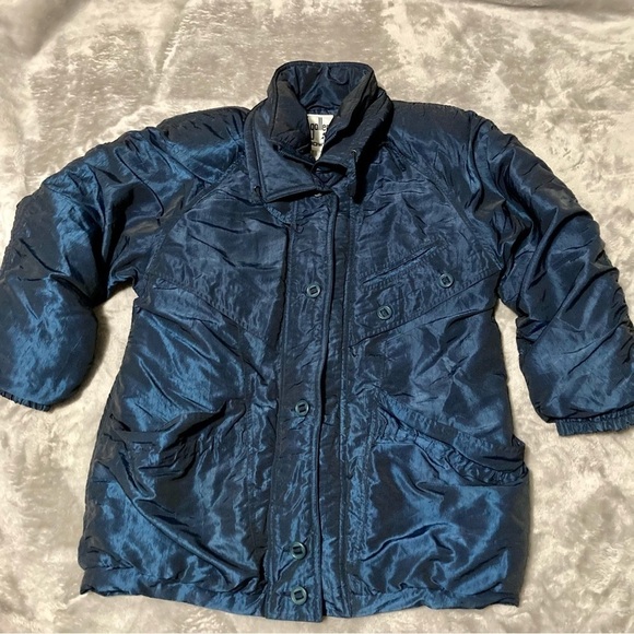 Vintage 80s J Gallery Metallic Blue Duck Down Puffer Ski Jacket Medium - Picture 1 of 11